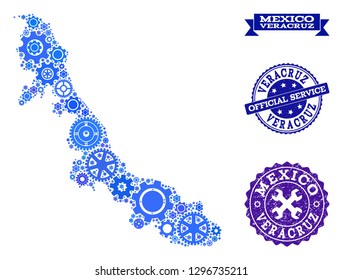 Map of Veracruz State created with blue cog symbols, and isolated rubber watermarks for official repair services.