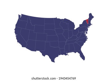 Map of Vermont. The map is colored in the colors of the US flag. Map shows the location of Vermont in the USA. This file is appropriate for digital editing and prints of all sizes.