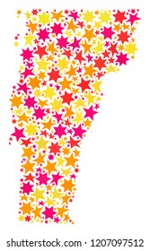 Map of Vermont State composed with colored flat stars. Vector colored geographic abstraction of map of Vermont State with red, yellow, orange stars. Festive mosaic design for New Year illustrations.