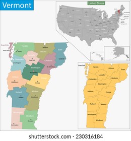 Mapa del estado de Vermont diseñado en ilustración con los condados y los escaños del condado
