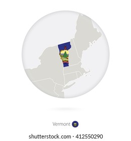 Map of Vermont State and flag in a circle. Vermont US State map contour with flag. Vector Illustration.