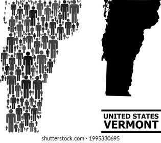 Mapa del estado de Vermont para aplicaciones sociales. Mosaico demográfico vectorial. Mapa conceptual del estado de Vermont construido con pictogramas masculinos. Concepto demográfico en variaciones de color gris oscuro.
