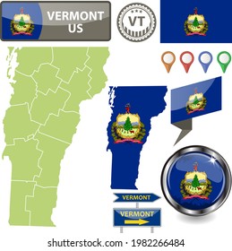 Map of Vermont state, US with flag and counties. Vector image