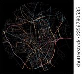 Map of Veszprem, Veszprém with all major and minor roads, railways and waterways. Colorful line art on black background.