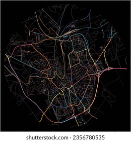 Mapa de Veszprem, Veszprém con todas las carreteras principales y menores, vías férreas y vías fluviales. Coloridas líneas de arte sobre fondo negro.