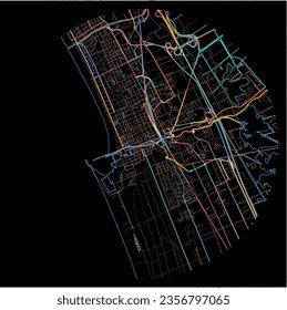 Map of Viareggio, Tuscany with all major and minor roads, railways and waterways. Colorful line art on black background.