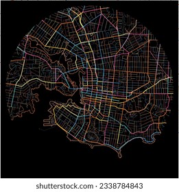 Map of Victoria, British Columbia with all major and minor roads, railways and waterways. Colorful line art on black background.