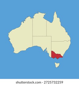 Mapa de Victoria, ilustração de silhueta de um mapa vetorial isolado em um mapa da Austrália. Estados e territórios australianos