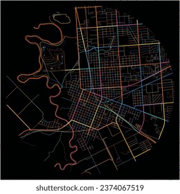 Map of Victoria, Texas with all major and minor roads, railways and waterways. Colorful line art on black background.