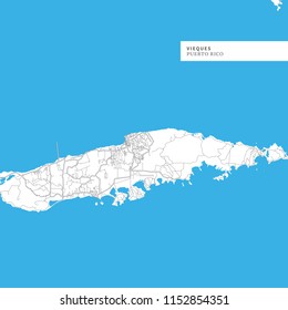 Map of Vieques Island, Puerto Rico, contains geography outlines for land mass, water, major roads and minor roads.