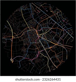 Map of Viersen, North Rhine-Westphalia with all major and minor roads, railways and waterways. Colorful line art on black background.