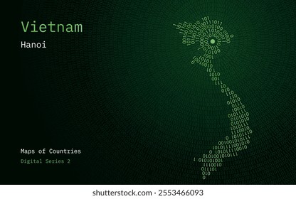 A map of Vietnam depicted in zeros and ones in the form of a circle. The capital, Hanoi, is shown in the center of the circle	