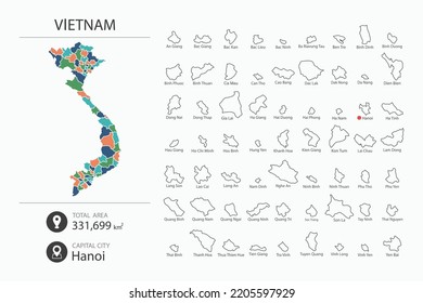Karte von Vietnam mit detaillierter Landkarte. Kartenelemente von Städten, Gesamtgebieten und Hauptstadt.