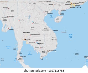 Map of Vietnam. Map is drawn in high detail and for clarity shows only major cities Hanoi,Ho Chi Minh, Haiphong. Country is drawn with neighboring countries Thailand, China.