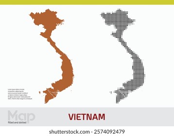 A map of Vietnam in dual designs, featuring brown-filled details and black abstract dotted patterns, isolated on a white background