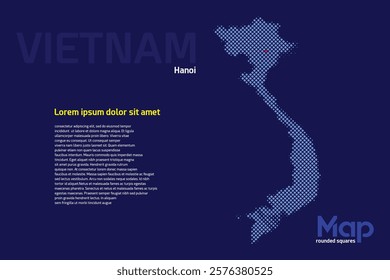 Map of Vietnam featuring rounded squares with light blue color. The name of the capital marked with a red square. Isolated on a dark blue background. Perfect for various design projects