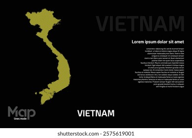 Map of Vietnam featuring yellow geographic lines, isolated on a black background. Perfect for various design projects.