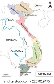 Map of Vietnam includes regions, Mekong River basin, Tonle Sap Lake, and borderline countries: Thailand, Cambodia, Southern China sea, and Laos.
