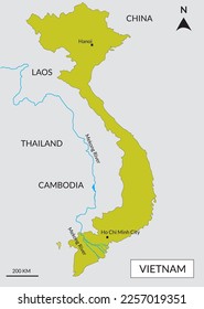 Map of Vietnam Mekong River basin, Tonle Sap Lake, and borderline countries. Yellow map