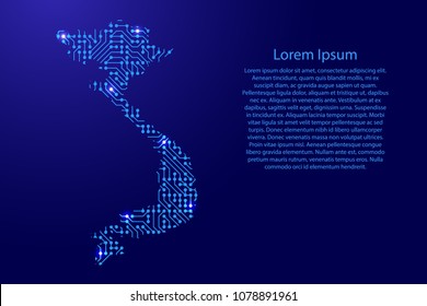 Map Vietnam from printed board, chip and radio component with blue star space on the contour for banner, poster, greeting card, of vector illustration.