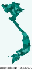 Map of Vietnam with regions. Just a simple country border map with region division. Teal color palette. Flat Vietnam shape with administrative division. Vector illustration.