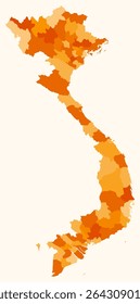 Map of Vietnam with regions. Just a simple country border map with region division. Orange color palette. Flat Vietnam shape with administrative division. Vector illustration.