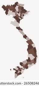 Map of Vietnam with regions. Just a simple country border map with region division. Brown color palette. Flat Vietnam shape with administrative division. Vector illustration.