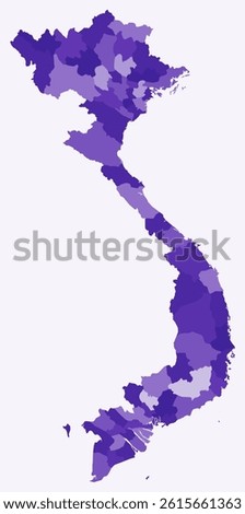 Map of Vietnam with regions. Just a simple country border map with region division. Deep purple color palette. Plain Vietnam shape with administrative division. Vector illustration.