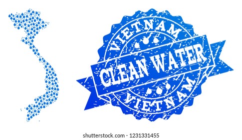 Map of Vietnam vector mosaic and clean water grunge stamp. Map of Vietnam designed with blue water tears. Seal with distress rubber texture for natural drinking water.