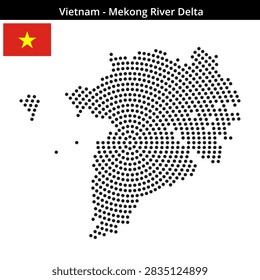 Map of Vietnam-Mekong-River-Delta in concentric medium dots with national flag
