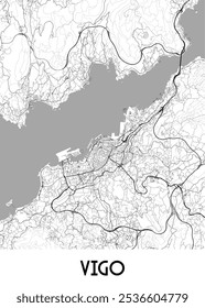 Map of Vigo, Spain, showcasing the city's layout and surrounding landscape. The map features a prominent bay with a harbor, indicating the city's coastal location.