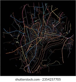 Mapa de Viljandi, Viljandi con todas las carreteras principales y menores, ferrocarriles y vías fluviales. Coloridas líneas de arte sobre fondo negro.