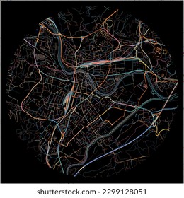 Map of Villach, Carinthia with all major and minor roads, railways and waterways. Colorful line art on black background.