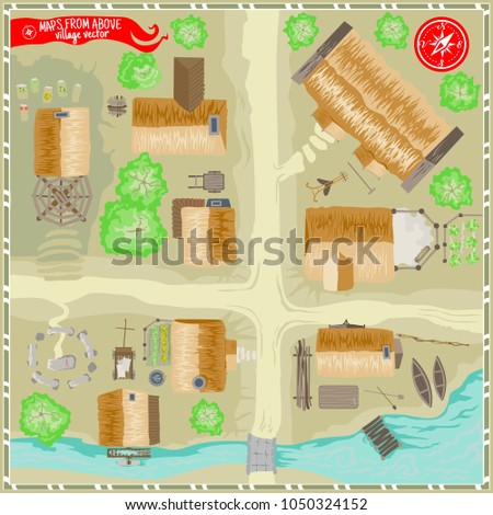 Map village from above in top view with house, road, river in adventure vector illustration