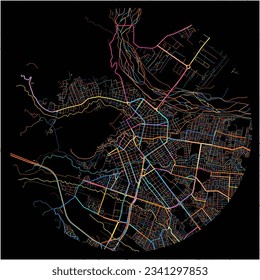 Map of Villavicencio with all major and minor roads, railways and waterways. Colorful line art on black background.