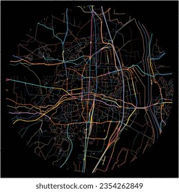 Map of Villefranche-sur-Saone, Rhône with all major and minor roads, railways and waterways. Colorful line art on black background.