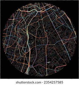 Map of Villejuif, Val-de-Marne with all major and minor roads, railways and waterways. Colorful line art on black background.