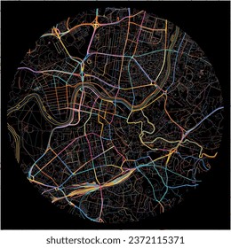 Map of Vilnius, Vilnius County with all major and minor roads, railways and waterways. Colorful line art on black background.