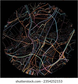 Map of Vilvoorde, Flemish Brabant with all major and minor roads, railways and waterways. Colorful line art on black background.