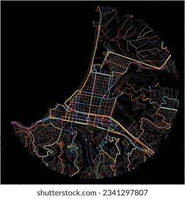 Map of VinadelMar with all major and minor roads, railways and waterways. Colorful line art on black background.