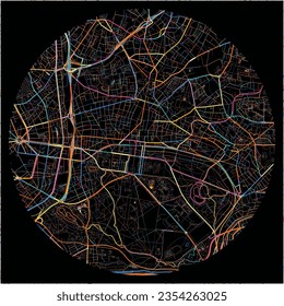 Map of Vincennes, Val-de-Marne with all major and minor roads, railways and waterways. Colorful line art on black background.