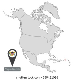 Map of Virgin Islands with an official flag. Location in North America