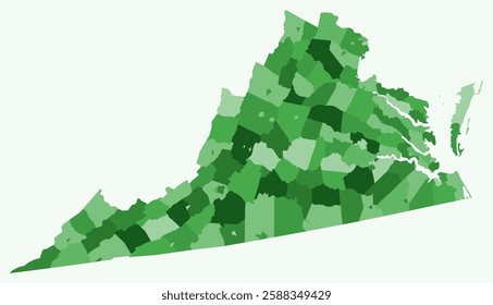 Map of Virginia with counties. Just a simple state border map with county division. Green color palette. Blank Commonwealth of Virginia shape with administrative division. Vector illustration.