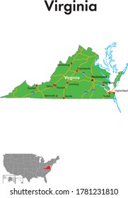 Map of Virginia. The map depicts the state capitals, major cities and highways.