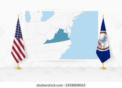 Map of Virginia and flags of Virginia on flag stand. Vector illustration for diplomacy meeting.