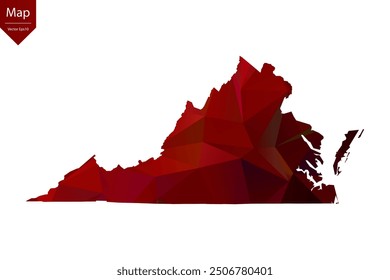 Mapa de Virginia - Rojo Geométrico Rumpled Triangular, Diseño Poligonal. Ilustración vectorial eps 10.