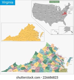 Map Of Virginia State Designed In Illustration With The Counties And The County Seats