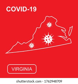 Map of Virginia State labeled "COVID-19". White outline map on a red background. Vector illustration of a virus, coronavirus, epidemiology.