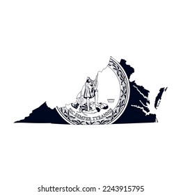 Map of the Virginia state with the official flag in white and black colors isolated on white background. Vector illustration