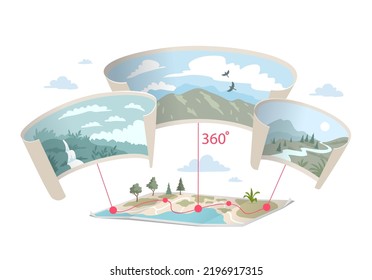 Map with virtual 360 degree views of places. Vector illustration